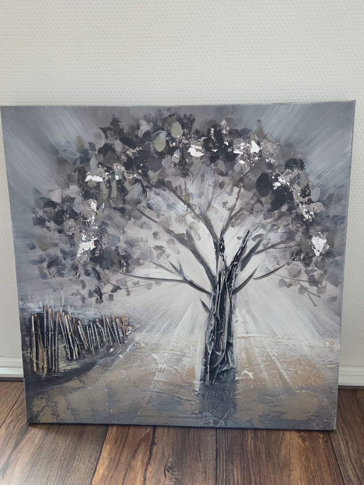 Modern schilderij 'Levensboom' 55x55 cm, grijs/zilver, Ophalen, Acrylverf, Handgeschilderd, Overige onderwerpen