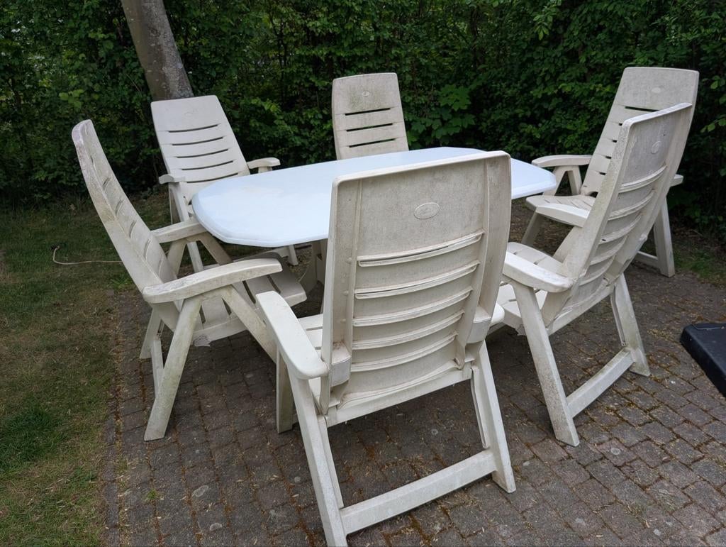 Tuinset met 6 stoelen en tafel - Gratis op halen!, Tuin en Terras, Ophalen, Kunststof, Gebruikt, 6 zitplaatsen
