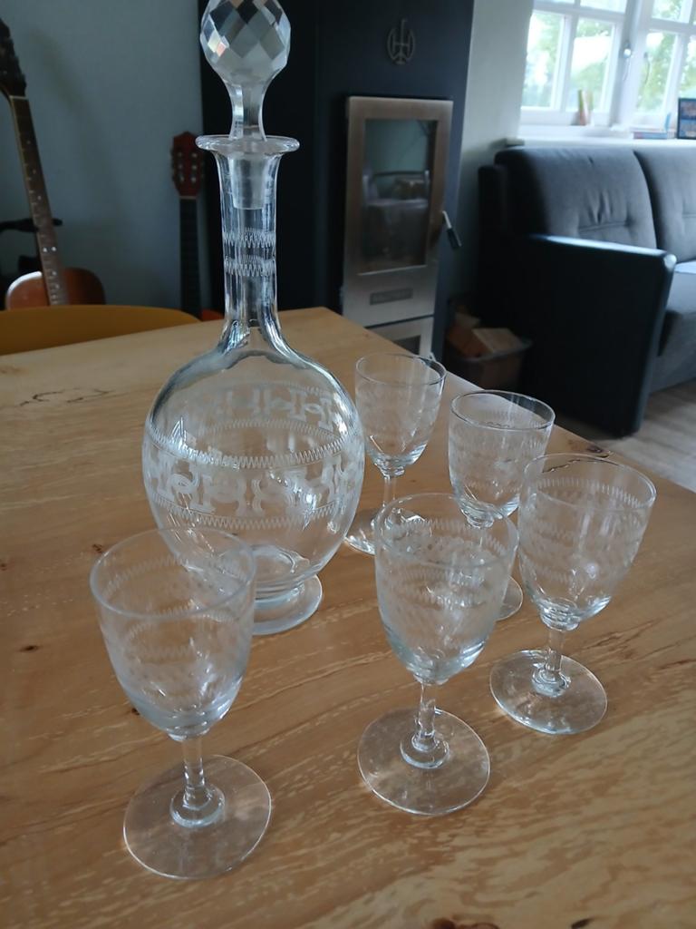Antieke karaf met 5 bijpassende glazen, Antiek en Kunst, Ophalen