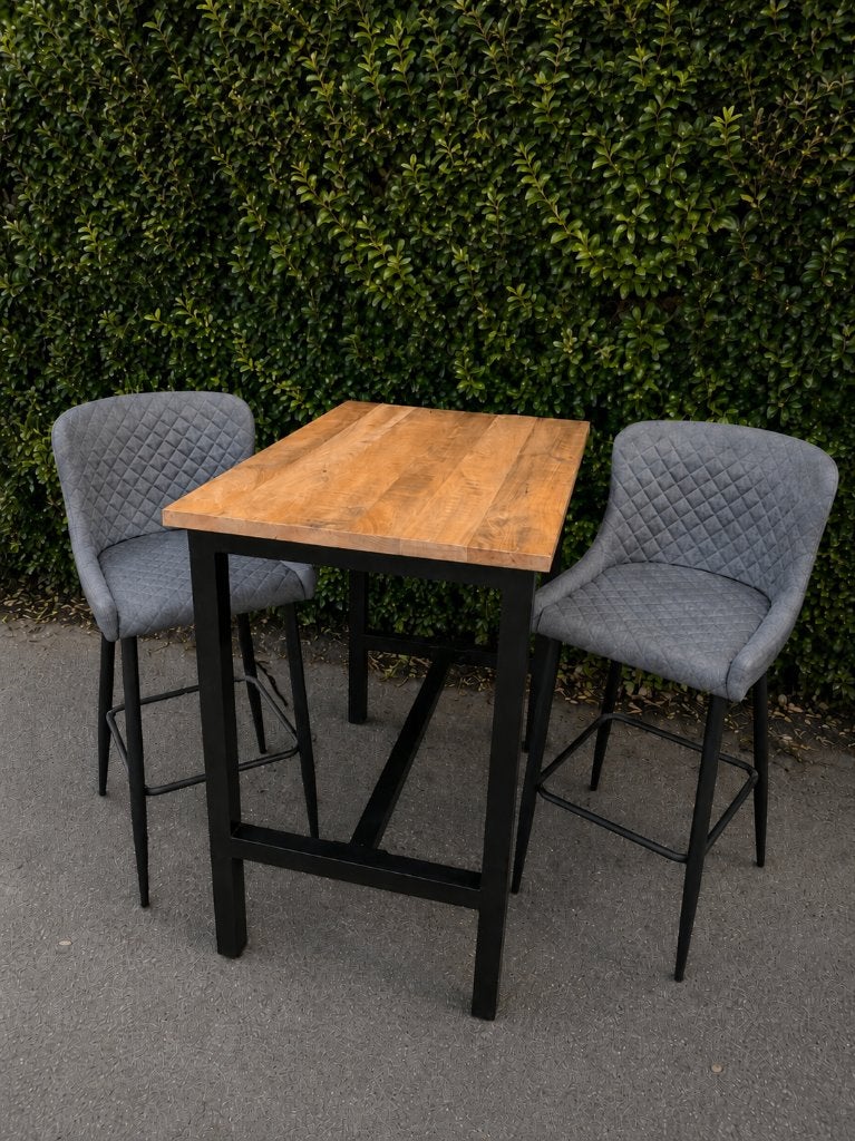 Mangohouten bartafel / hoge eettafel met 2 luxe barkrukken, Huis en Inrichting, 100 tot 150 cm, 50 tot 100 cm, Zo goed als nieuw