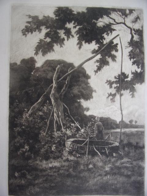Waterput met vrouw in landschap Ets Eduard August Becht, Antiek en Kunst, Origineel, Ets, Ophalen of Verzenden, 33 cm