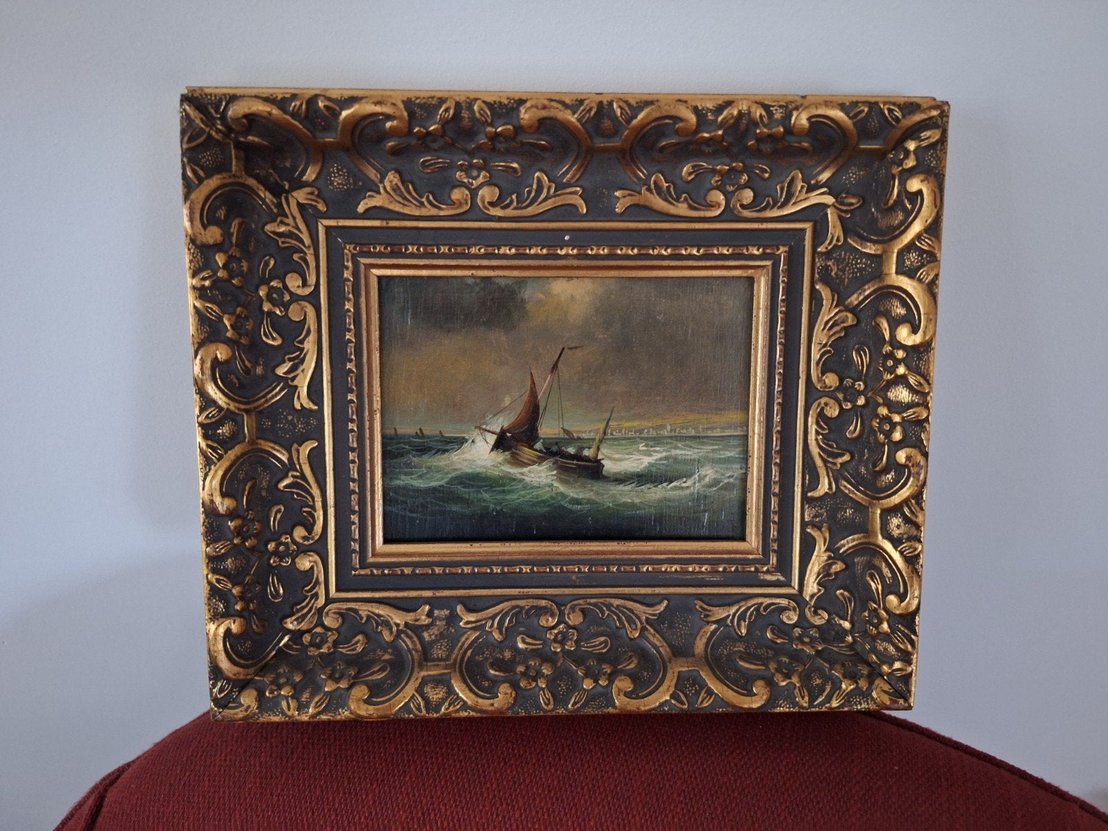 Fraai Antiek Schilderij: Maritiem Gezicht met Schip, Antiek en Kunst, Kunst | Schilderijen | Klassiek, Ophalen, Klassiek, Ingelijst
