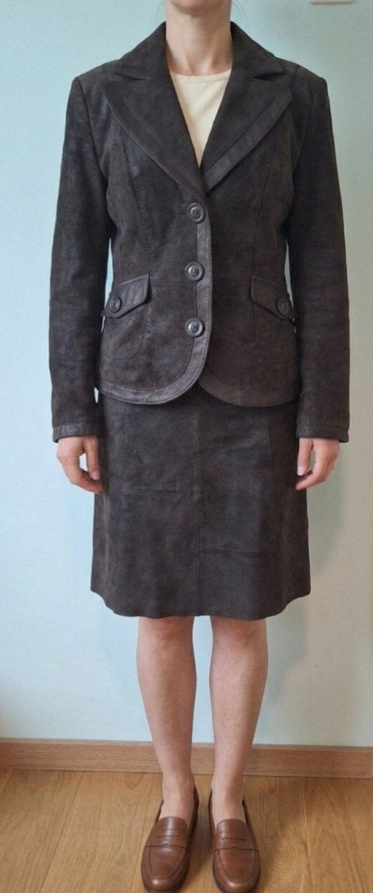 Vintage bruin leren pak (blazer en rok) maat 38, Maat 38/40 (M), Promiss, Kostuum of Pak, Bruin