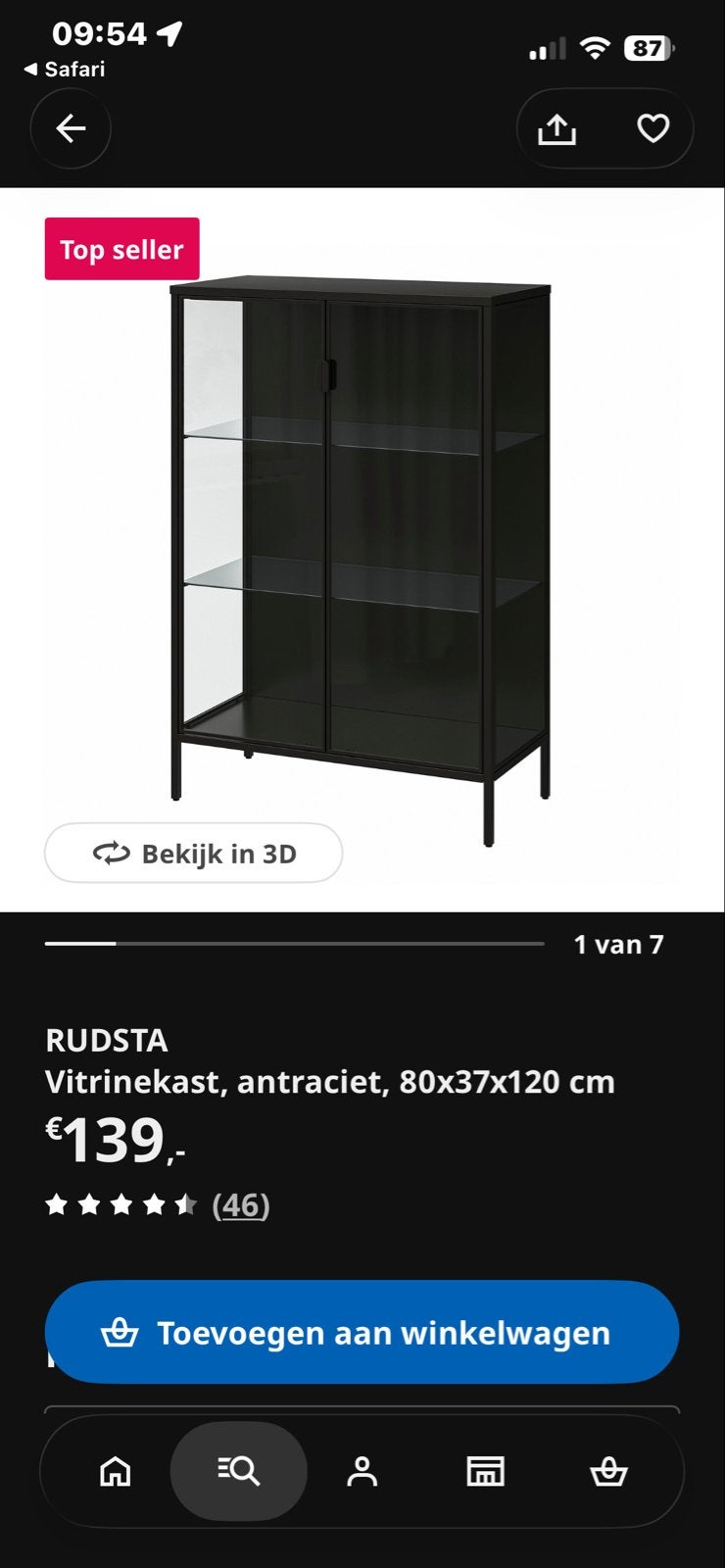 Ikea RUDSTA Vitrinekast, antraciet, 80x37x120 cm, Huis en Inrichting, Kasten | Vitrinekasten, Ophalen, 100 tot 150 cm, 50 tot 100 cm