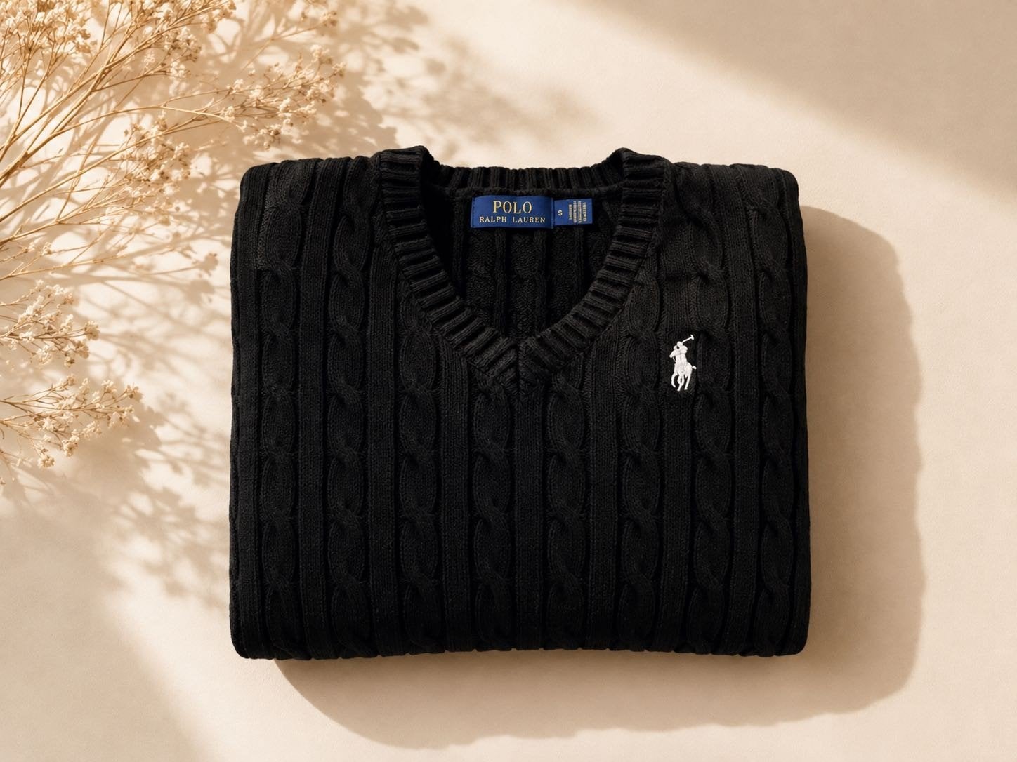 Ralph Lauren V-Hals kabeltrui, Zwart, Ralph Lauren, Ophalen of Verzenden, Zo goed als nieuw
