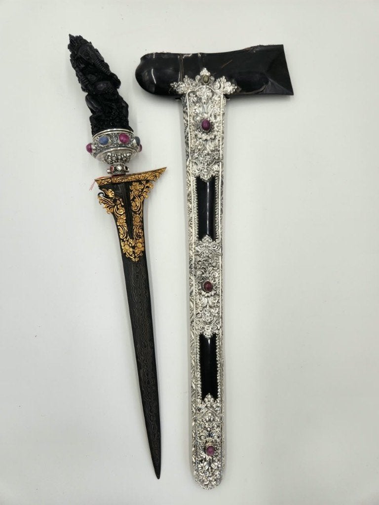 Keris Bali Lurus Pamor Ular Lulut Buffelhoorn Zilver KTC61, Gesneden, Wapen, Indonesië, Meerkleurig