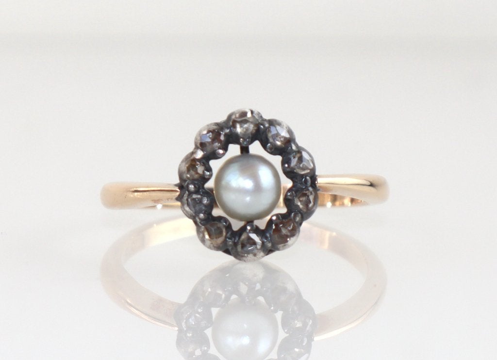 Antieke gouden ring met parel en roosdiamant, Ophalen of Verzenden, Goud, Ring, Met edelsteen