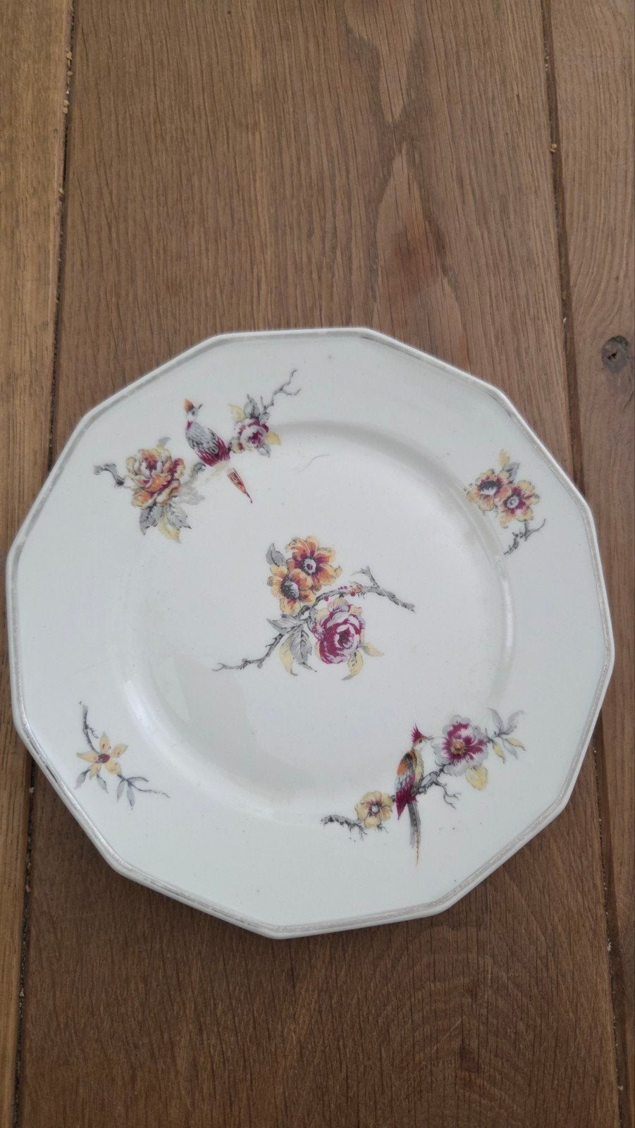 Antiek Limoges bord met vogel- en bloemmotief, Ophalen of Verzenden