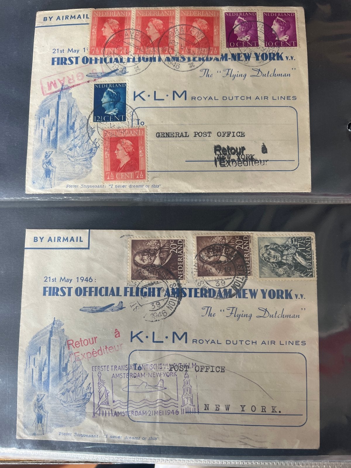KLM 'Flying Dutchman' Eerste Officiële Vlucht Amsterdam-New, Postzegels en Munten, Ophalen of Verzenden, Beschreven, Nederland