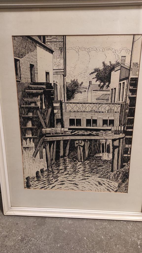 Vintage Ets van Watermolen/Stadsgezicht, Ingelijst, 1800 - 1899, Ets, Stadsgezicht