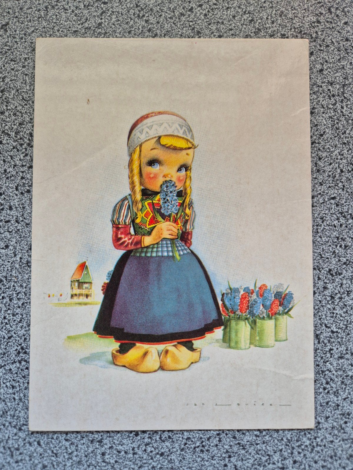 Vintage Ansichtkaart Hollands Meisje met Hyacinten, Ophalen of Verzenden, 1940 tot 1960, Ongelopen