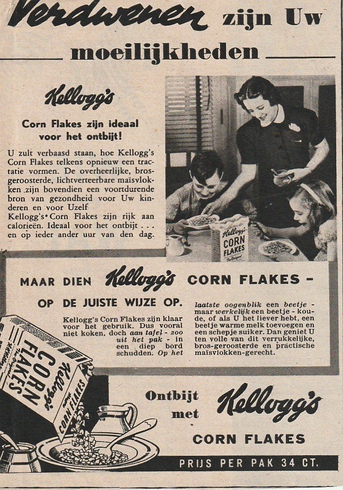 Retro reclame 1946 Kellogg's cornflakes verdwenen problemen, Verzenden, Overige typen
