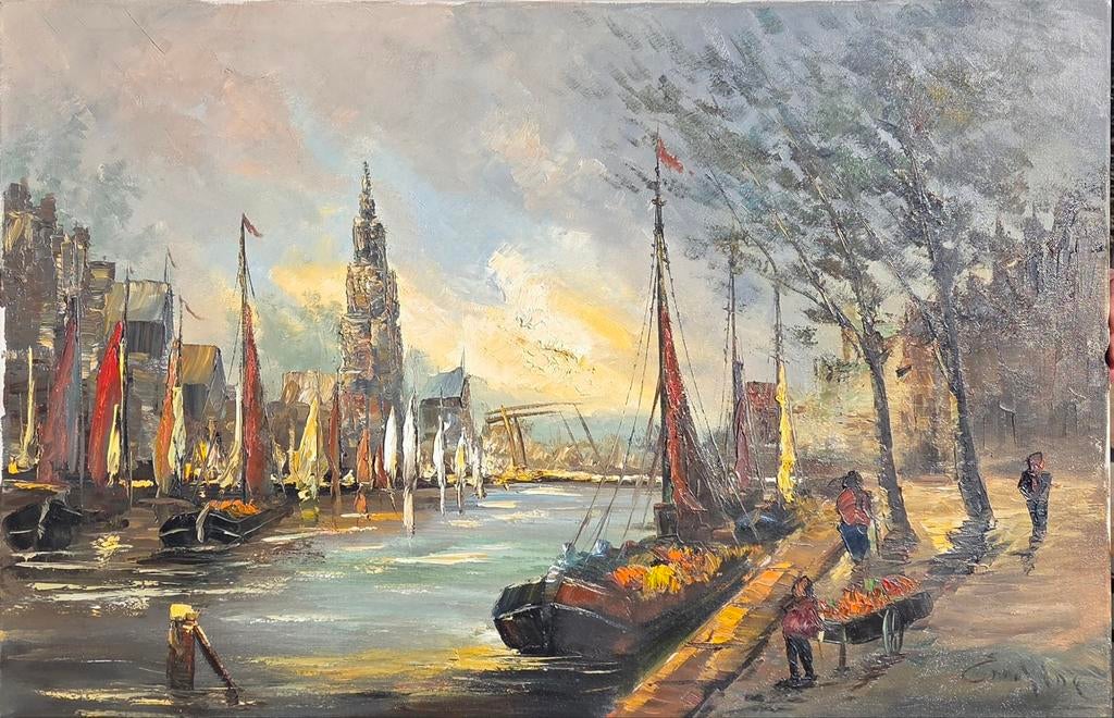 Olieverfschilderij havengezicht met boten en toren, Antiek en Kunst, Kunst | Schilderijen | Klassiek, Ophalen
