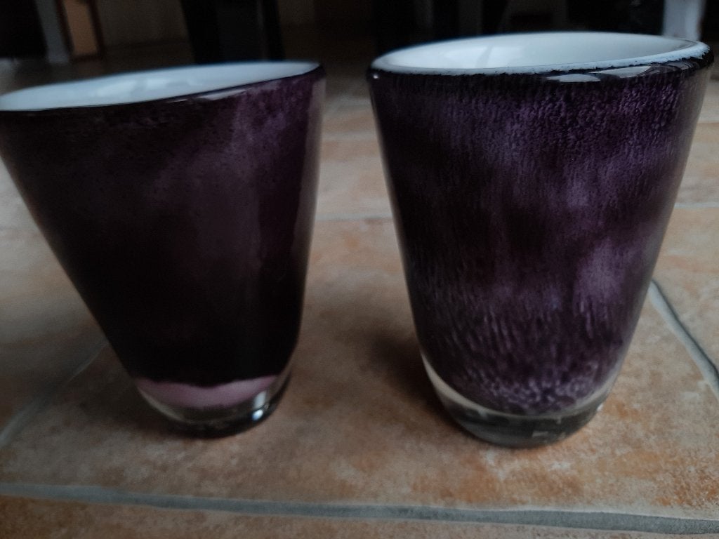 Des Pots twee zware mond geblazen glazen vazen/potten, Huis en Inrichting, Handgemaakt, Ophalen of Verzenden, Paars, 16 cm