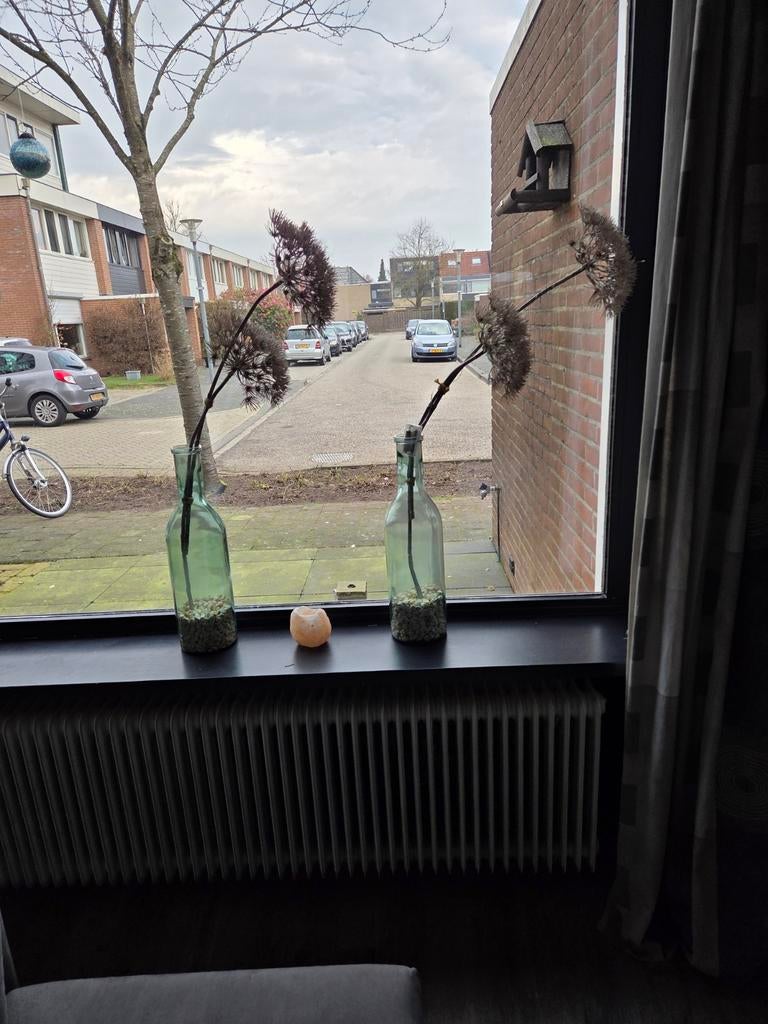 2 vazen met steentjes en neppe berenklauw bloemen, Ophalen, Gebruikt, Glas, Minder dan 50 cm