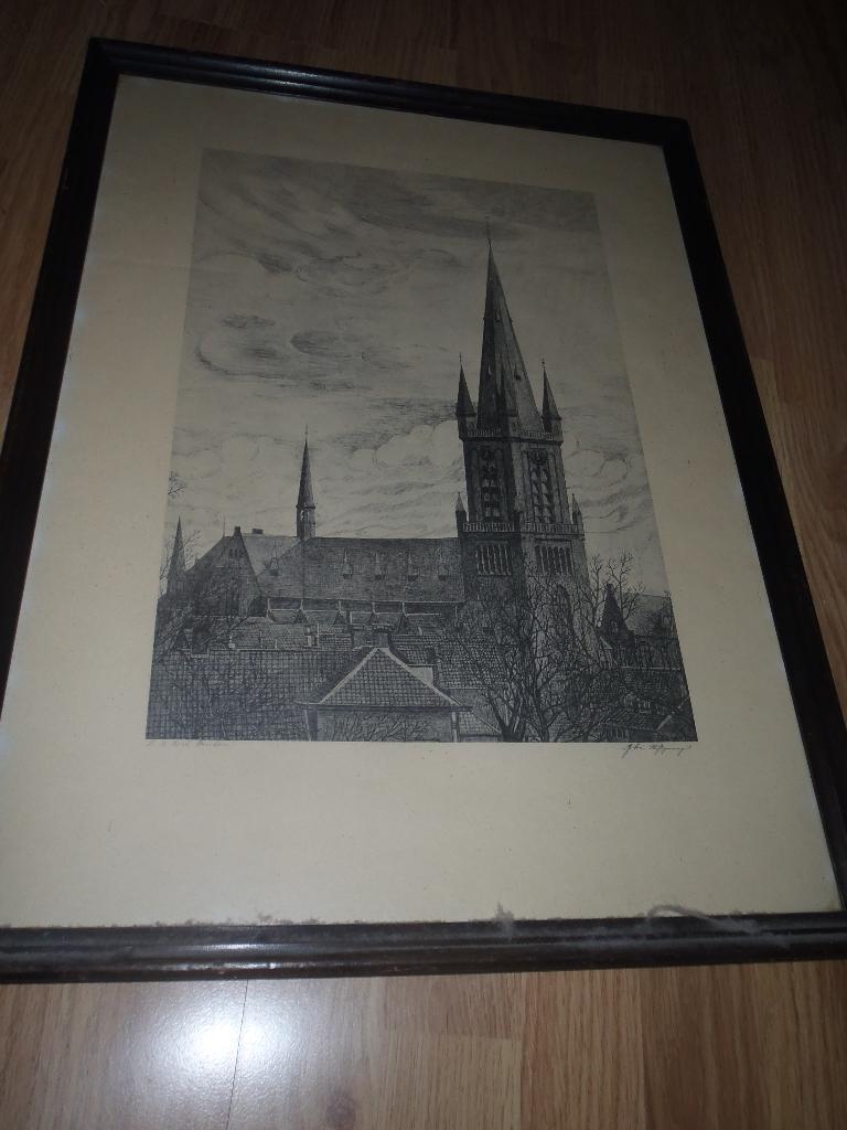 Een prachtige oude lijst met Kerk. 65 x 48 cm, Huis en Inrichting, Minder dan 50 cm, Ophalen of Verzenden, Zo goed als nieuw, Schilderij
