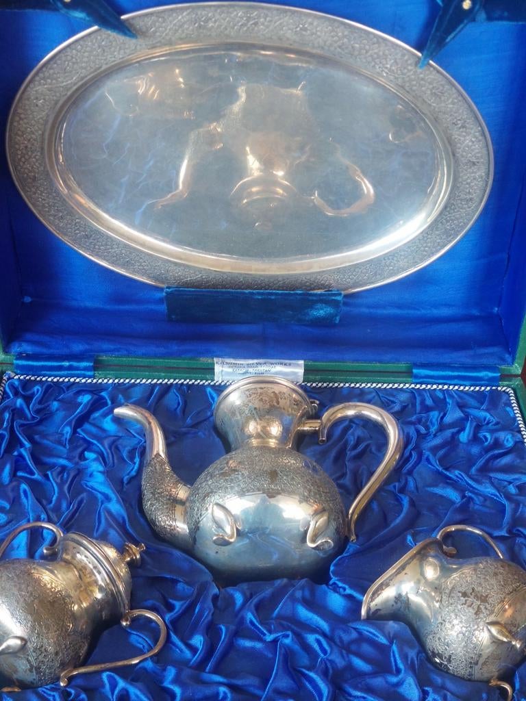 Antiek verzilverd theeservies met dienblad in koffer, Antiek en Kunst, Antiek | Goud en Zilver, Ophalen of Verzenden, Zilver