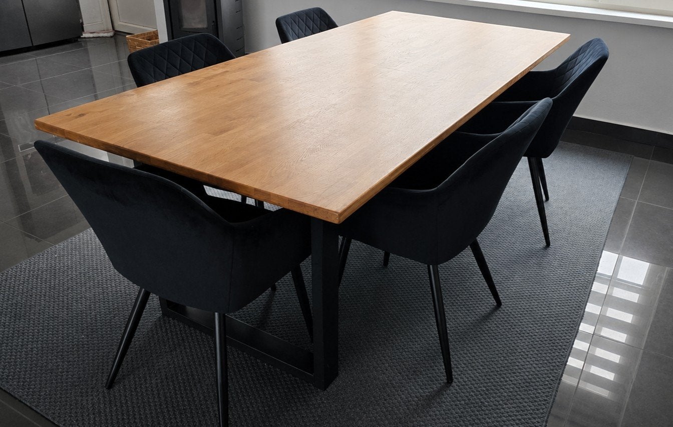 Tafel met houten blad en 6 stoelen., Huis en Inrichting, Tafels | Eettafels, Ophalen, Rechthoekig, 200 cm of meer, 100 tot 150 cm
