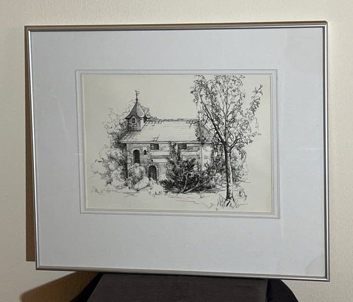Ingelijste pentekening van de Kluis te Geleen, gesigneerd, Antiek en Kunst, Ophalen of Verzenden, Tekening, Pentekening, Gesigneerd