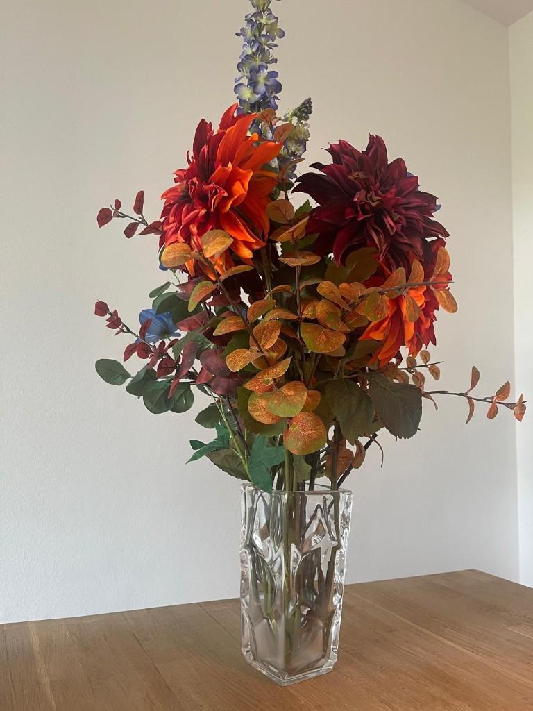 Luxe groot kunstbloemen boeket met dahlia's herfstkleuren, Nieuw, Ophalen of Verzenden, Glas, Overige merken