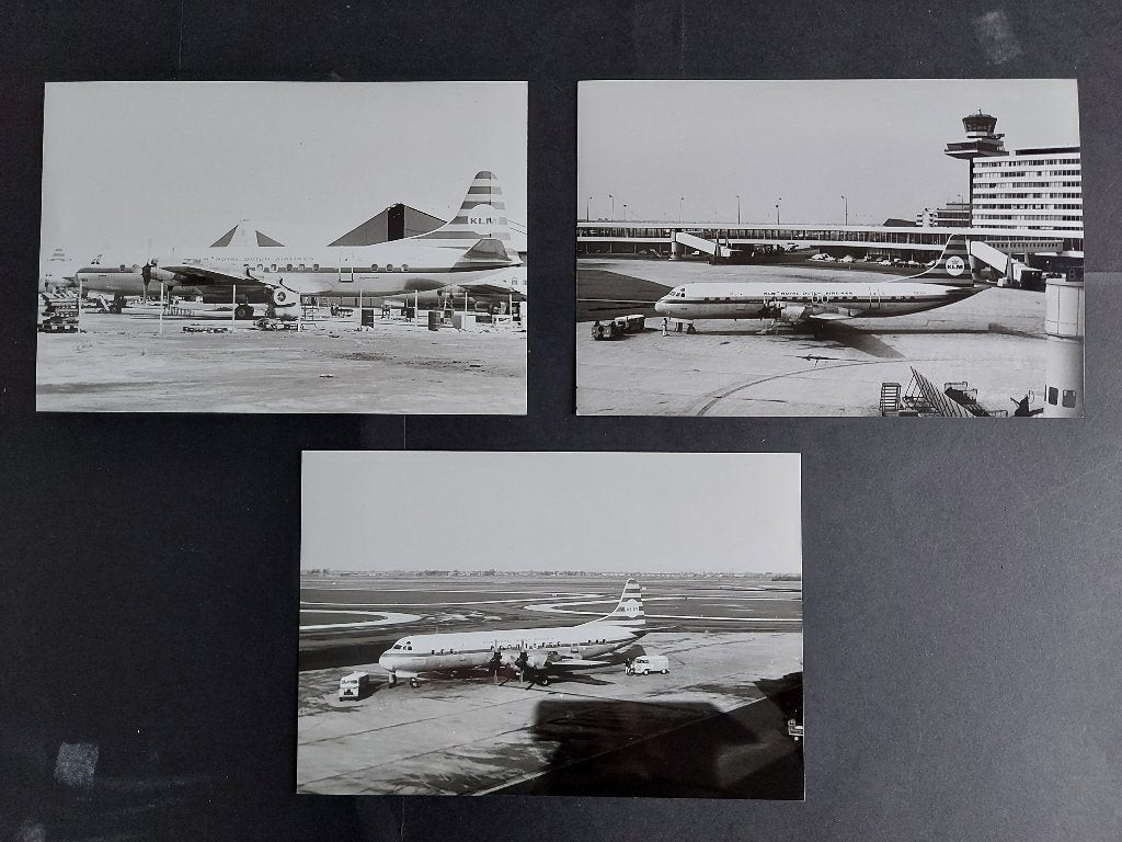 3 foto's van een KLM Lockheed Electra (F987), Ophalen of Verzenden, Gebruikt, Kaart, Foto of Prent