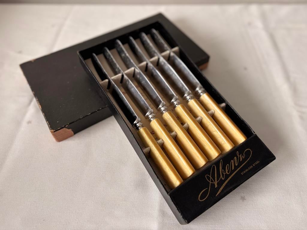 Antieke Abenz kartelmessen – 6 stuks – RVS in originele box, Antiek en Kunst, Ophalen