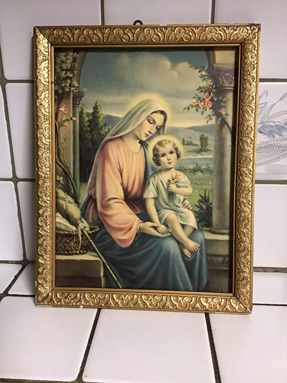 Oude religieuze prent heilige Maria kind Jezus, Ophalen of Verzenden