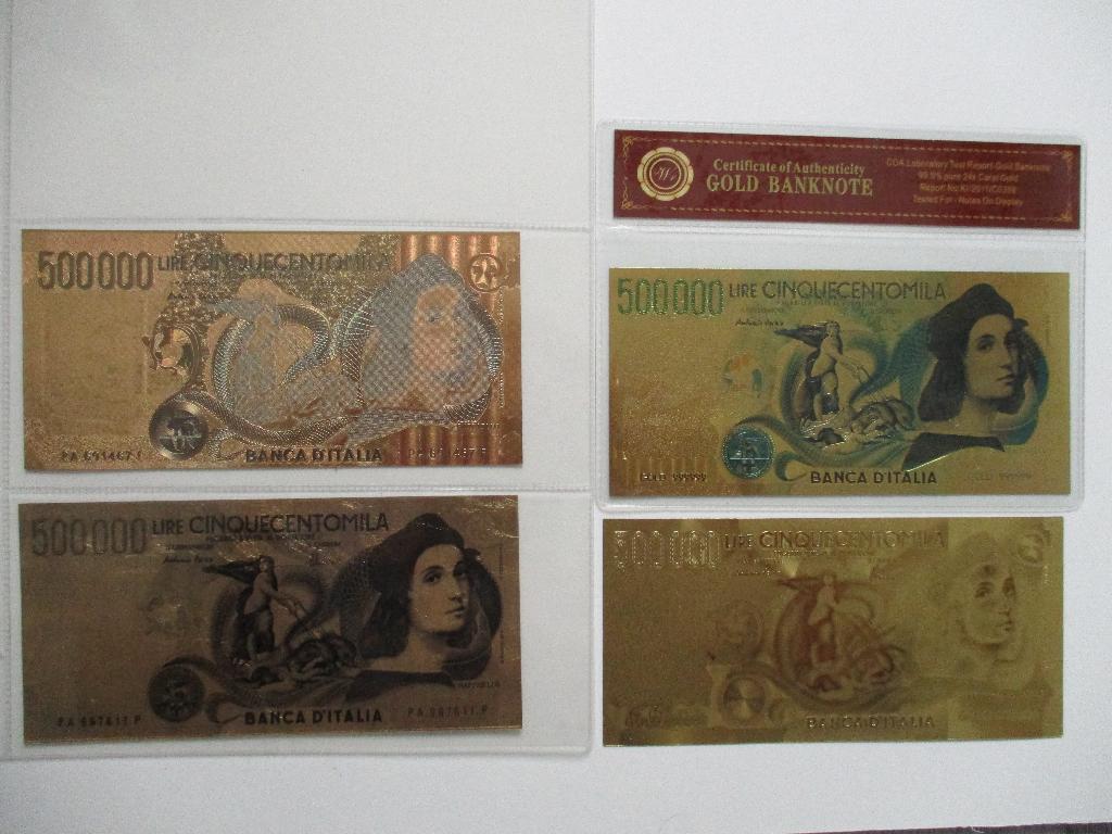 4 Fantasy biljetten Italia - goldfoil replica's 500.000 Lire, Postzegels en Munten, Bankbiljetten | Europa | Niet-Eurobiljetten
