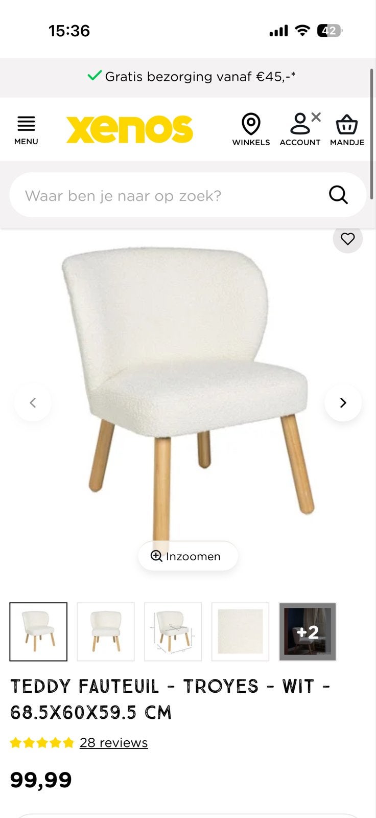 Teddy Fauteuil Troyes Wit - Comfortabele Stoel, Huis en Inrichting, Minder dan 75 cm, Ophalen of Verzenden, Zo goed als nieuw