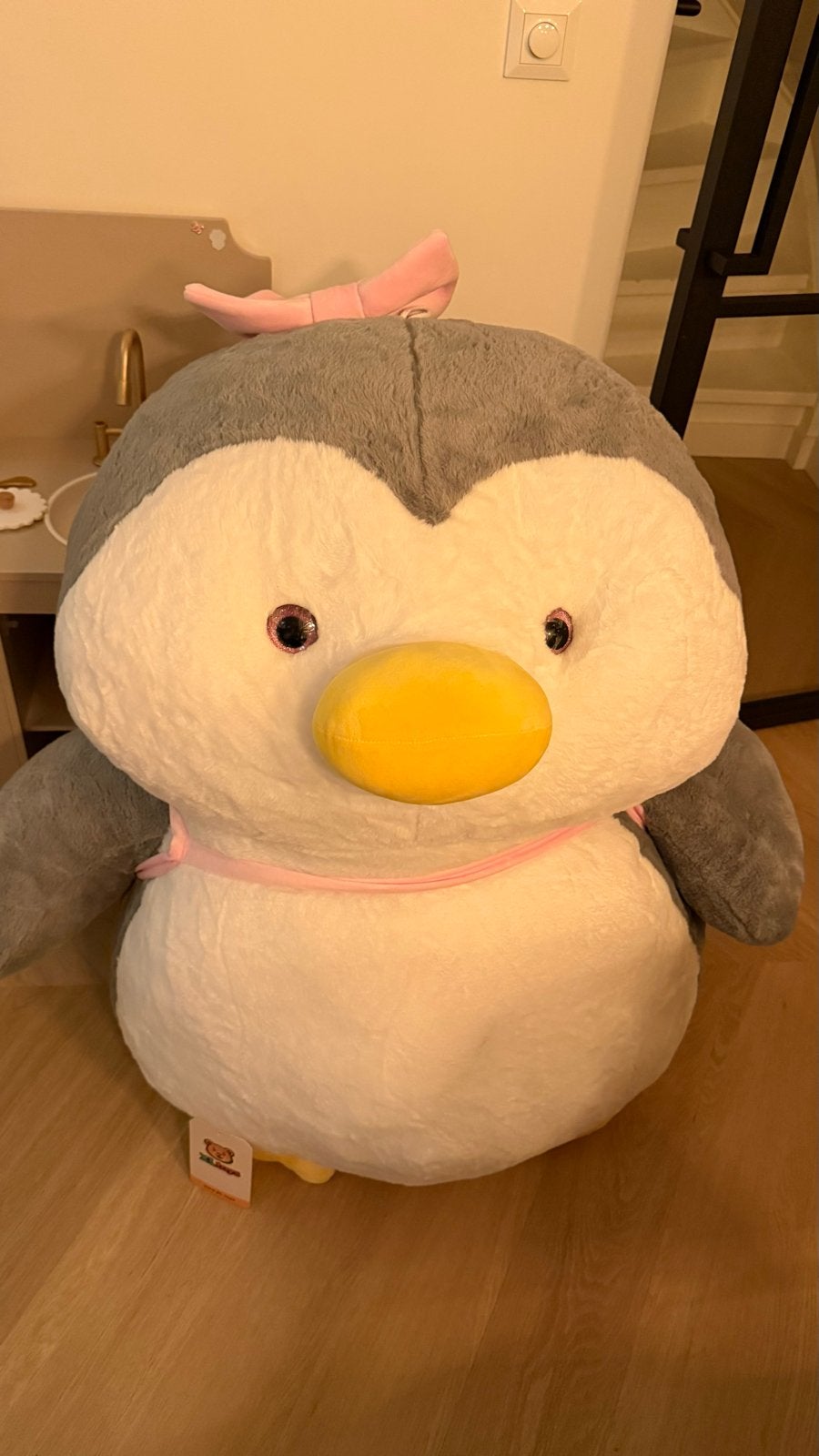 XXL Pinguïn Knuffel met Roze Strikje en Rugtas - NIEUW, Ophalen, Pinguïn, Grijs, Nieuw