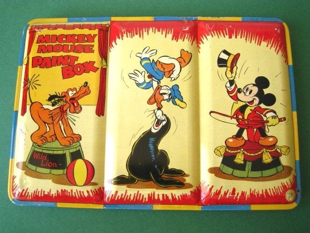 Donald Duck, M. Mouse, Pluto - blikken verfdoos 1950, Verzamelen, Gebruikt, Beeldje of Figuurtje, Ophalen of Verzenden, Xxx