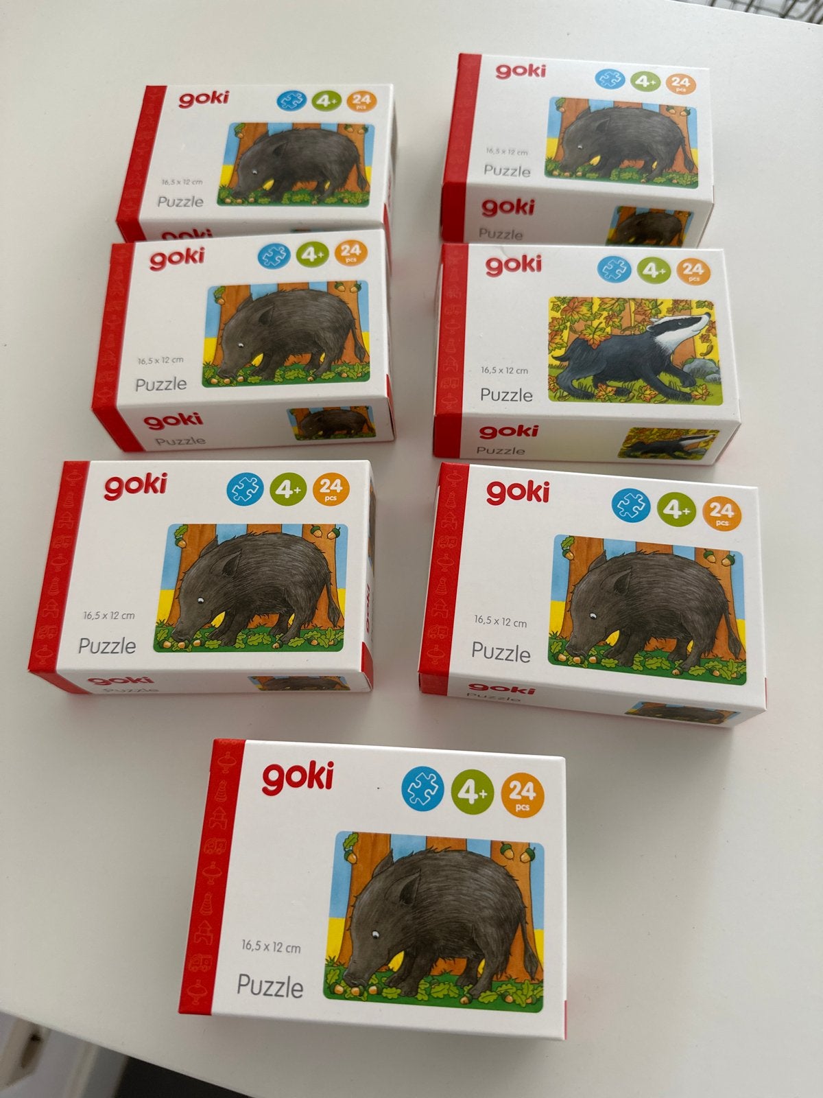 7x Goki Puzzel 24 Stukjes - Wild Zwijn & Das, Kinderen en Baby's, Speelgoed | Kinderpuzzels, Ophalen of Verzenden, 10 tot 50 stukjes