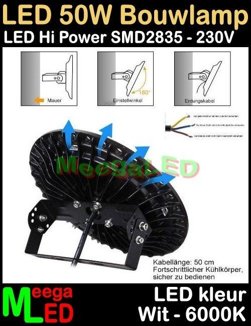 LED Bouwlamp Floodlight 50W SMD2835 LEDs Wit-6000k, Wandlamp, Ophalen of Verzenden, Netvoeding, Led