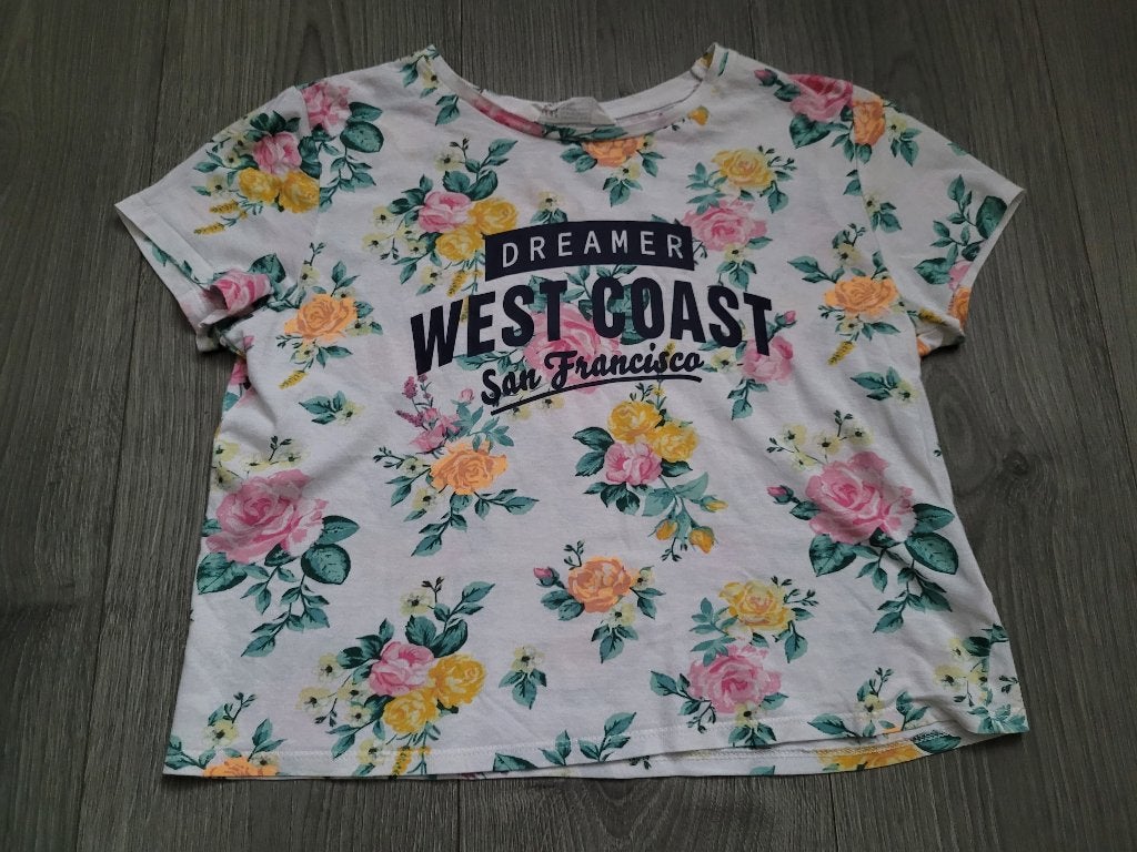 H&M wit kort T-shirt met print maat 146/152 ~ TH2008, Gebruikt, Meisje, H&M, Ophalen of Verzenden