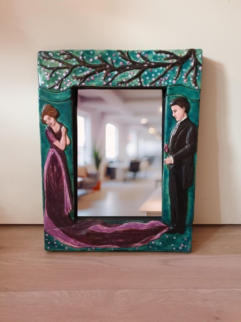 Handgemaakte spiegel meteen elegant stel en sakurabloesem, Ophalen, Minder dan 50 cm, Nieuw, Minder dan 100 cm