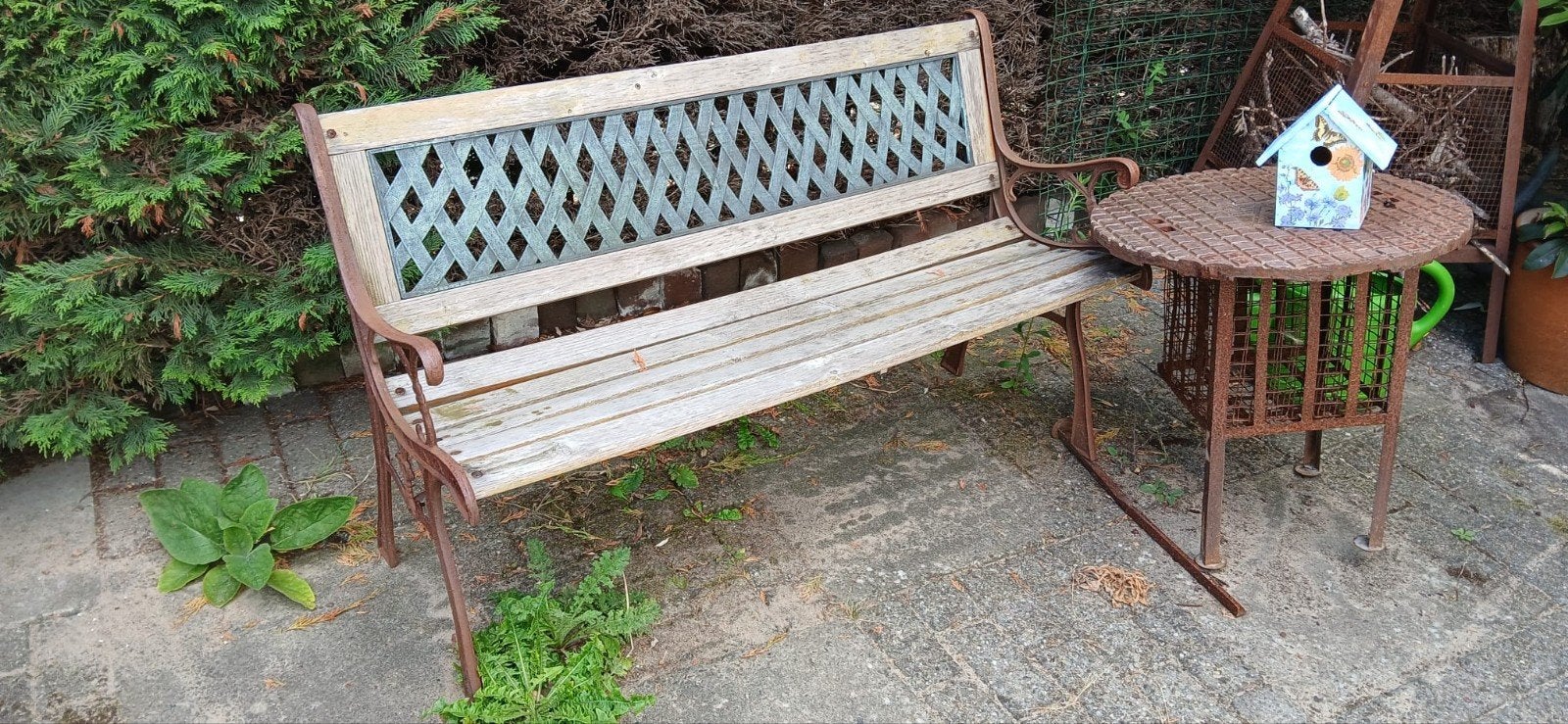 Vintage Tuinbank Hout en Metaal, Tuin en Terras, Tuinbanken, Ophalen, Gebruikt, Hout