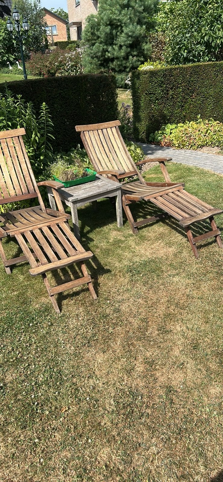 Twee hoiten deckchairs, Tuin en Terras, Ophalen, Zo goed als nieuw, Hout