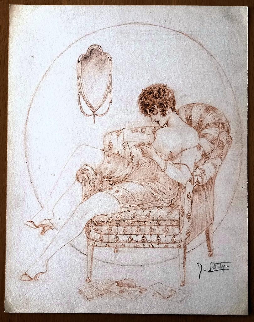 A493-85 Oude tekening Schaars geklede Vrouw zittend op stoel, Ophalen of Verzenden
