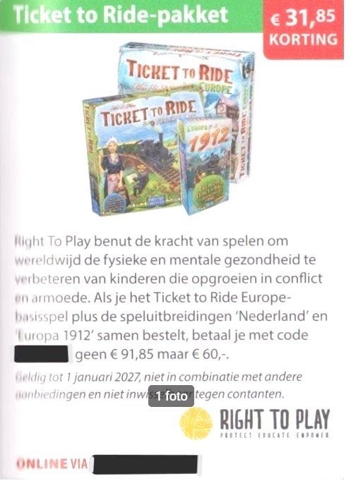 Ticket to Ride-pakket € 31,85 voordeel kortingscode, Tickets en Kaartjes, Eén persoon, Kortingsbon, Warenhuis- of Winkelbon