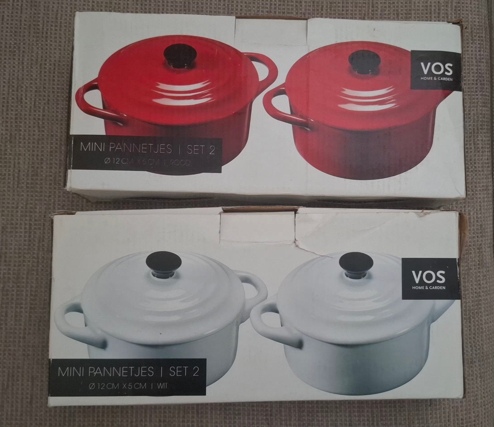 Mini pannetjes set 2 - Rood en Wit - Ø 12cm, Huis en Inrichting, Keuken | Potten en Pannen, Gietijzer, Nieuw, Ophalen of Verzenden