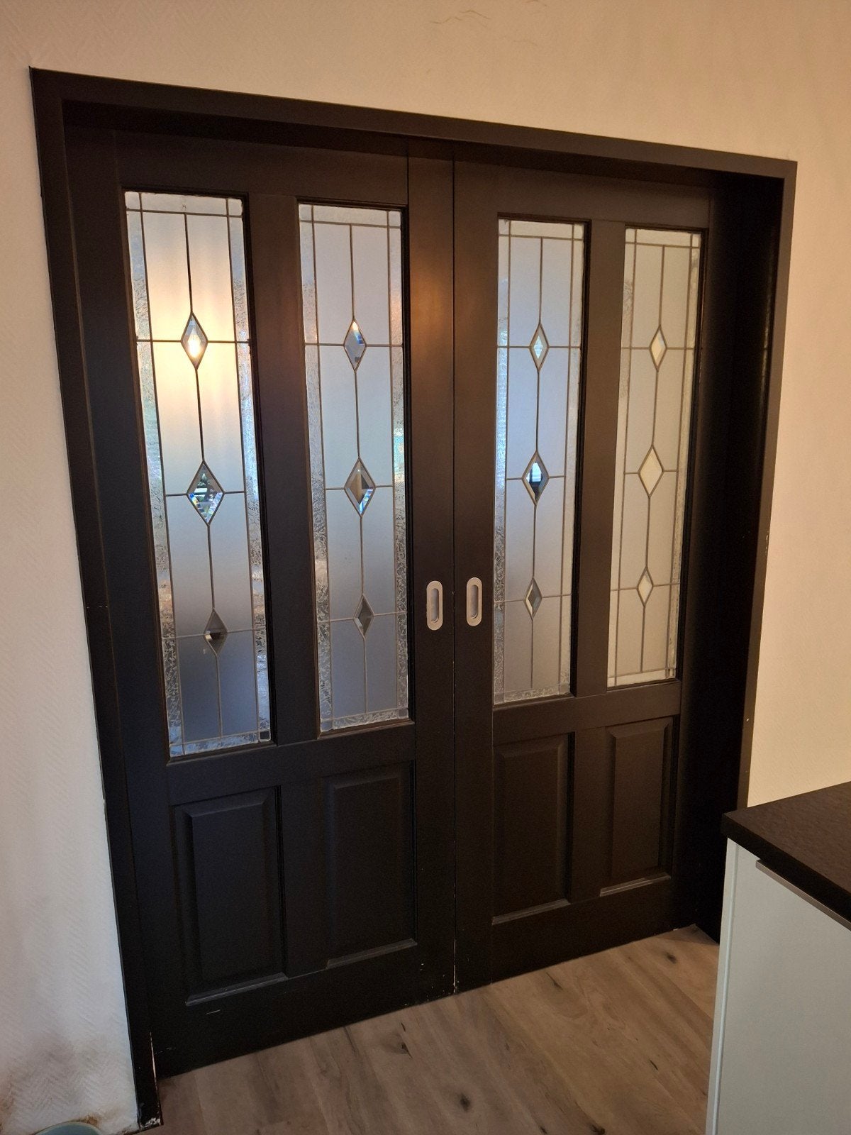 En suite schuifdeuren met glas in lood., Doe-het-zelf en Verbouw, Ophalen, Gebruikt, 120 cm of meer, Binnendeur