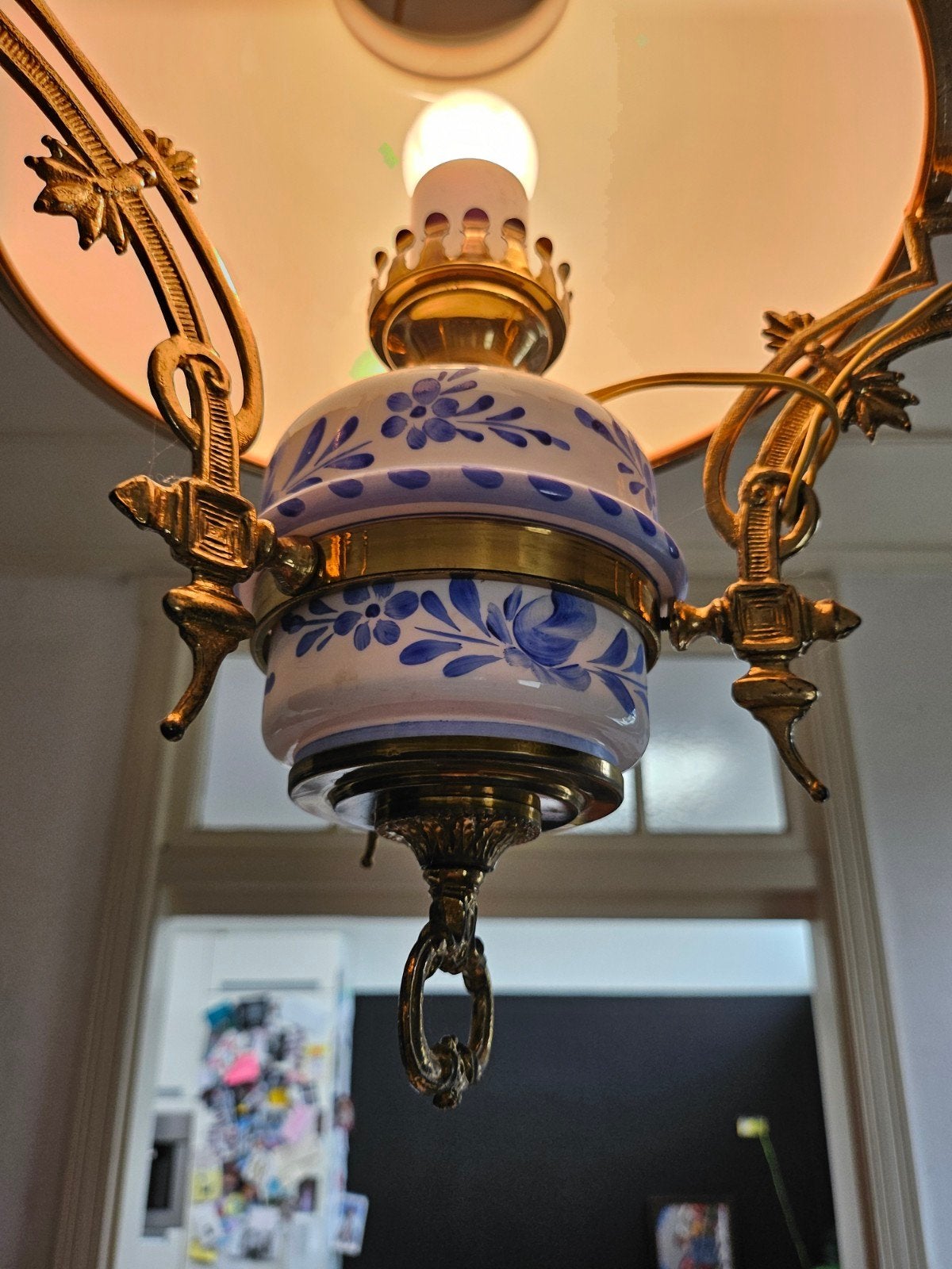 prachtige antieke olielamp met delfts blauwe details, Antiek en Kunst, Ophalen