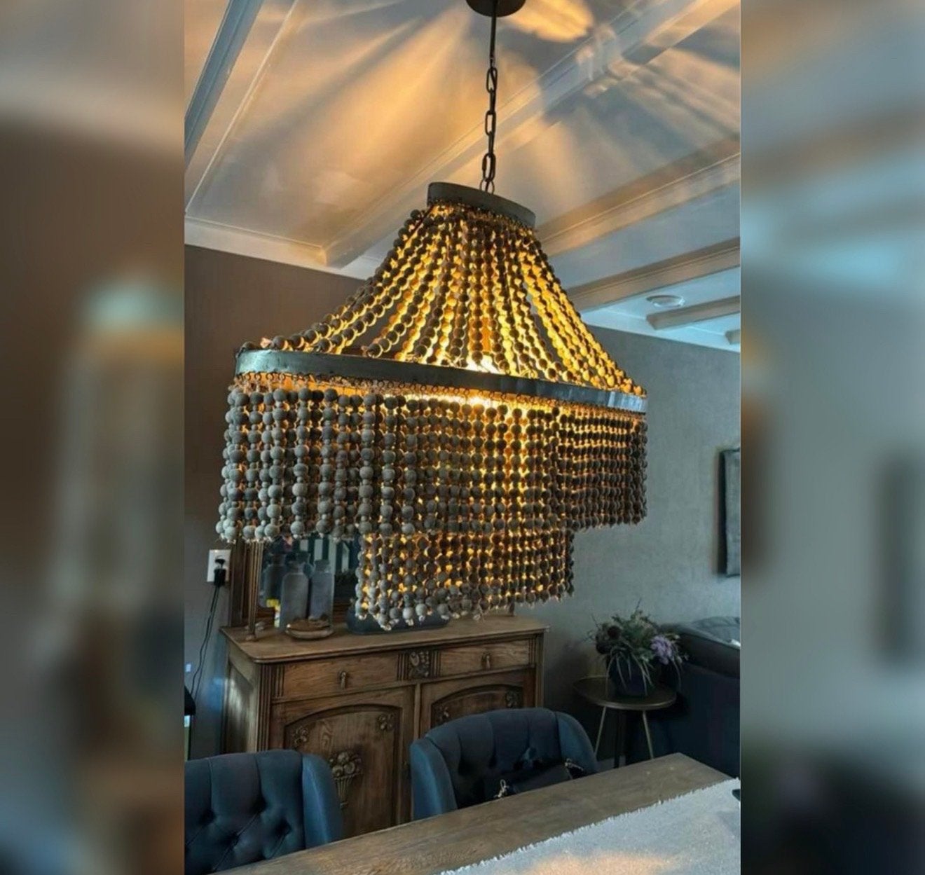 Grote houten kralen kroonluchter / lamp, Huis en Inrichting, Ophalen, Zo goed als nieuw, Hout, E27 (groot)