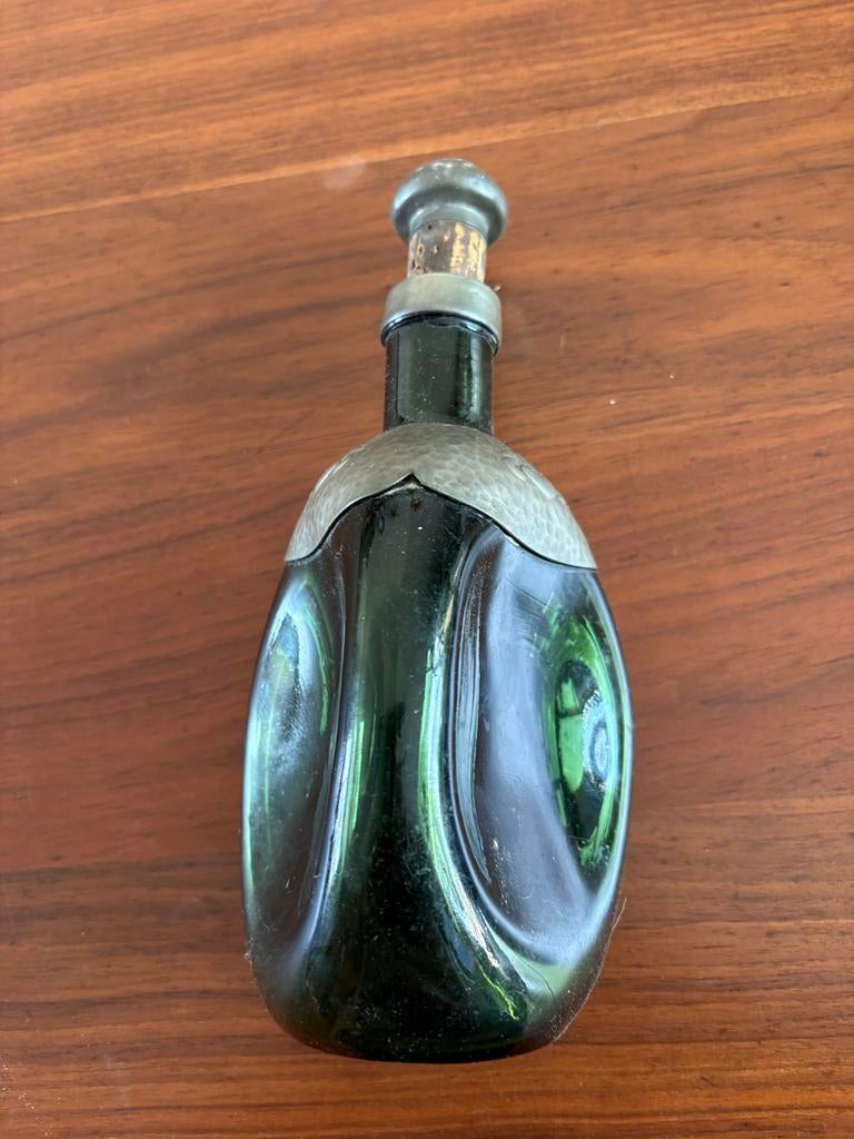 Antieke Groene Glazen Fles met Tinbeslag, Ophalen of Verzenden