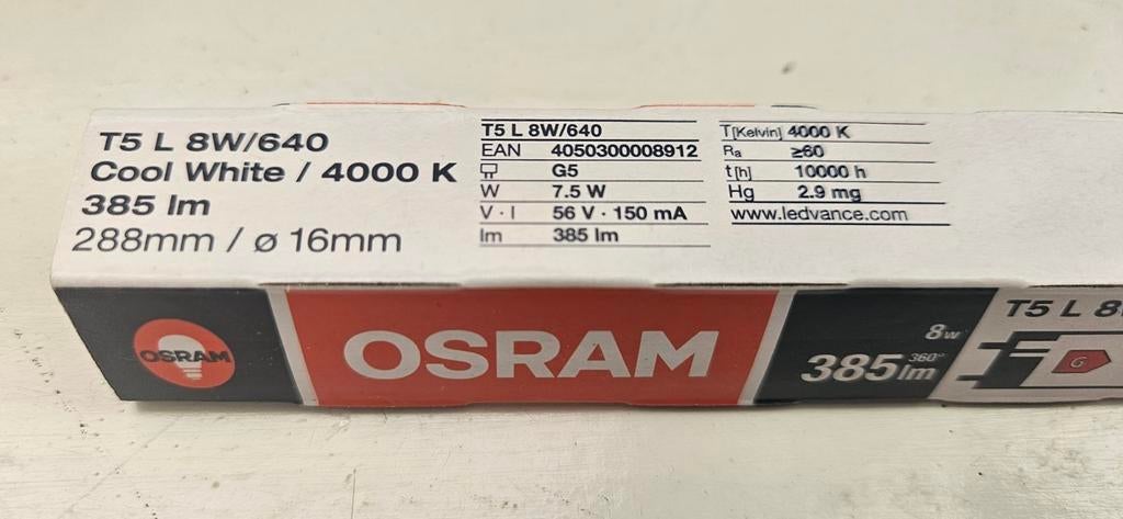5 L Osram TL buis.
8W/640 Cool White G5 288mm

7 euro, Ophalen of Verzenden, Nieuw, Minder dan 50 cm