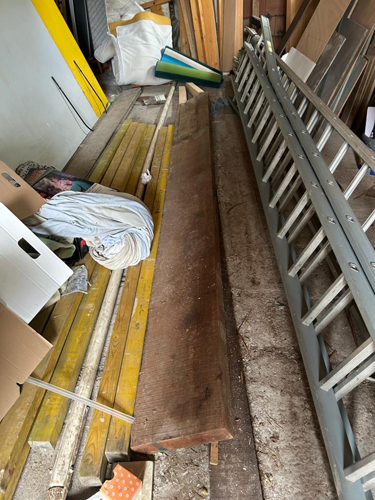 Merbau balk 350 x 80 mm, lengte 3,40 meter, Gebruikt, Ophalen of Verzenden, Balk, Overige houtsoorten