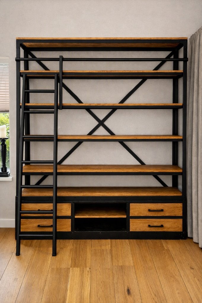 Industriële Mango houten / metalen kast met ladder, Huis en Inrichting, Kasten | Boekenkasten, Met plank(en), Gebruikt, 200 cm of meer