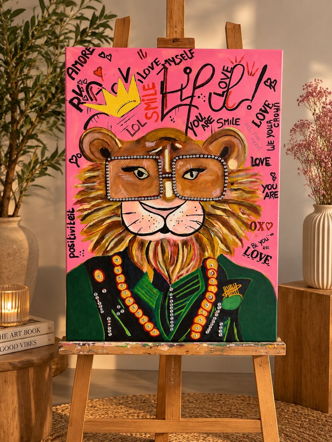 Uniek Schilderij Leeuw met Bril en Kroon - Pop Art Stijl, Ophalen of Verzenden
