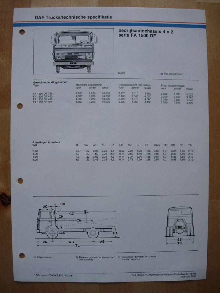 DAF FA 1500 DF Technische Specificatie folder 1982 – 4x2, Ophalen of Verzenden, Zo goed als nieuw, Overige merken, DAF