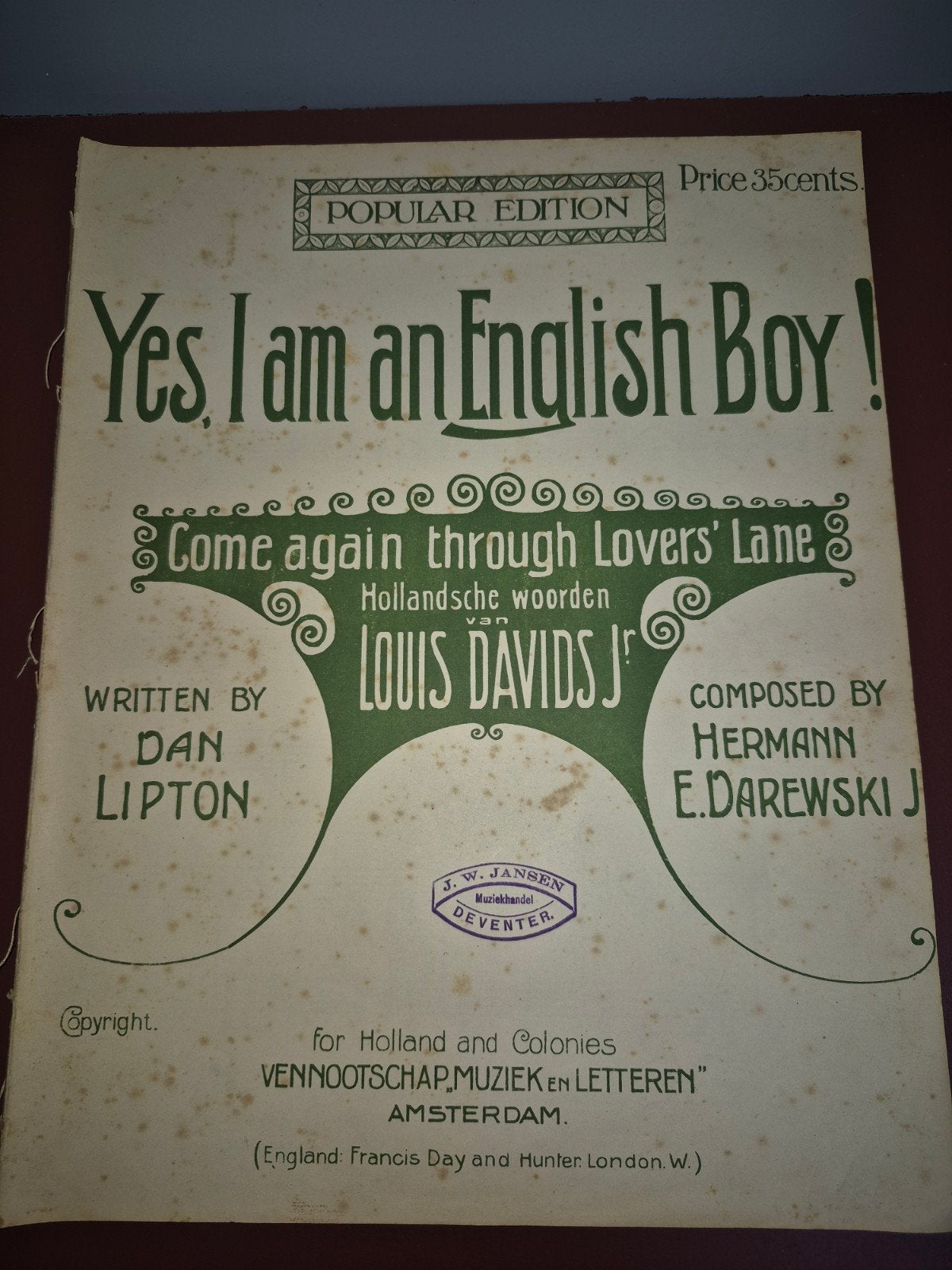 Antiek bladmuziek: Yes, I am an English Boy! (1914), Muziek en Instrumenten, Bladmuziek, Ophalen of Verzenden